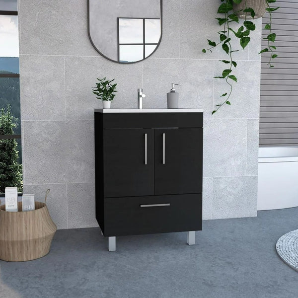 HomeRoots 24" Stylish Black Freestanding Bathroom Vanity with Chic White Sink and Ample Storage Solutions 478251