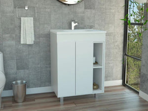 HomeRoots 24" Chic White Freestanding Double Door Bathroom Vanity with Integrated Sink for Stylish Storage 478253