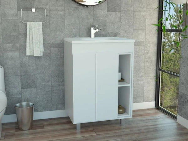 HomeRoots 24" Chic White Freestanding Double Door Bathroom Vanity with Integrated Sink for Stylish Storage 478253
