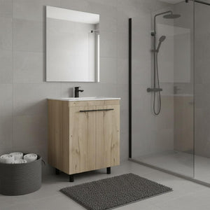HomeRoots 24" Oak Wood Freestanding Vanity with Soft-Close Doors & White Sink for Stylish Bathroom Retreat 478254