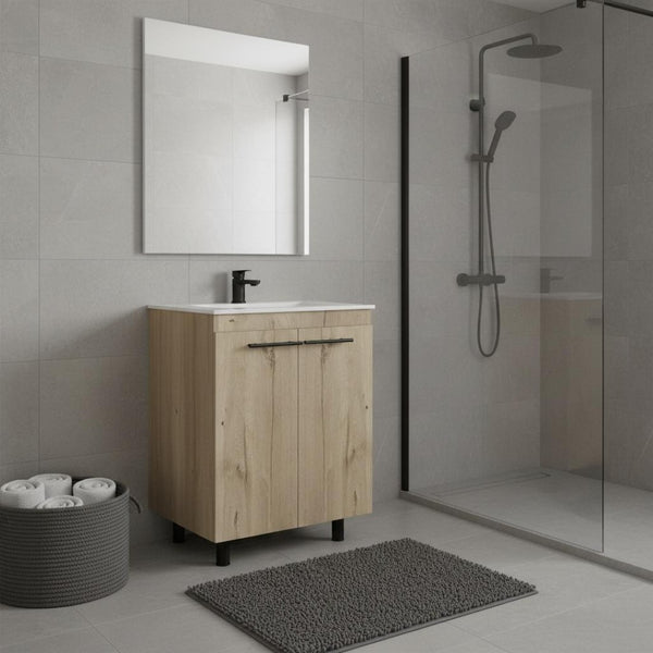 HomeRoots 24" Oak Wood Freestanding Vanity with Soft-Close Doors & White Sink for Stylish Bathroom Retreat 478254