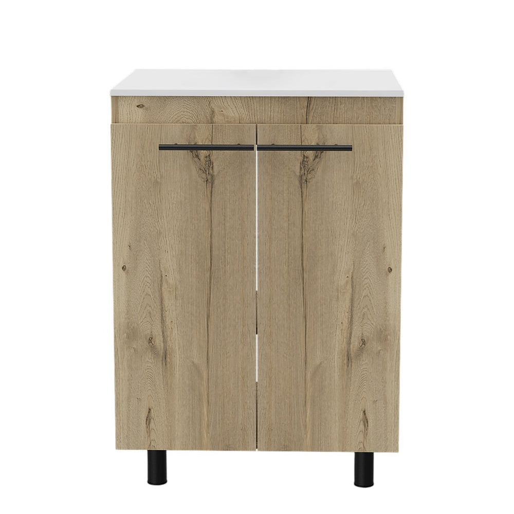 HomeRoots 24" Oak Wood Freestanding Vanity with Soft-Close Doors & White Sink for Stylish Bathroom Retreat 478254