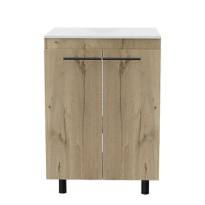 HomeRoots 24" Oak Wood Freestanding Vanity with Soft-Close Doors & White Sink for Stylish Bathroom Retreat 478254