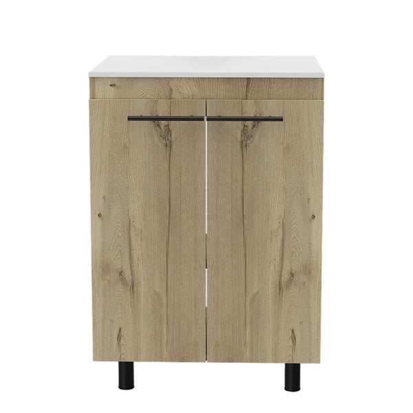 HomeRoots 24" Oak Wood Freestanding Vanity with Soft-Close Doors & White Sink for Stylish Bathroom Retreat 478254