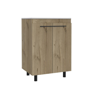 HomeRoots 24" Oak Wood Freestanding Vanity with Soft-Close Doors & White Sink for Stylish Bathroom Retreat 478254