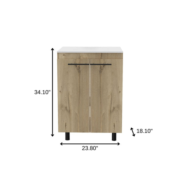 HomeRoots 24" Oak Wood Freestanding Vanity with Soft-Close Doors & White Sink for Stylish Bathroom Retreat 478254