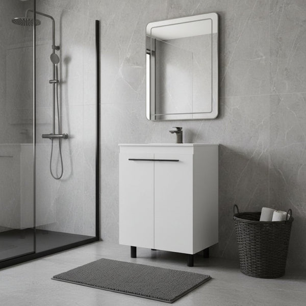 HomeRoots 24" Elegant White Freestanding Double Door Bathroom Vanity with Integrated Sink & Storage Solutions 478255