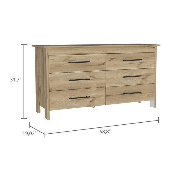 Homeroots 59" Natural And Black Six Drawer Double Dresser  Manufactured Wood 478265