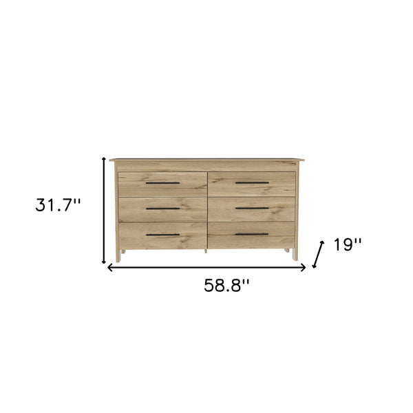Homeroots 59" Natural And Black Six Drawer Double Dresser  Manufactured Wood 478265