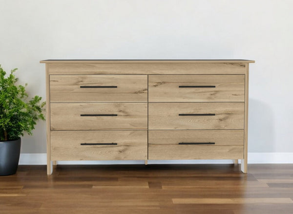 Homeroots 59" Natural And Black Six Drawer Double Dresser  Manufactured Wood 478265