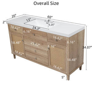 English Elm 60" Boutique Bathroom Vanity Rattan Doors Soft Close Drawers Smc Sink Pine Legs Natural Wood N817P397678N