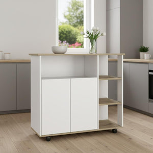 39 Inch Oak and White Rolling Kitchen Island with Drawer Cabinet and Storage Shelf