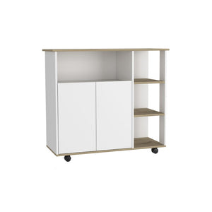 HomeRoots 39 Inch Oak and White Rolling Kitchen Island with Drawer Cabinet and Storage Shelf 478267