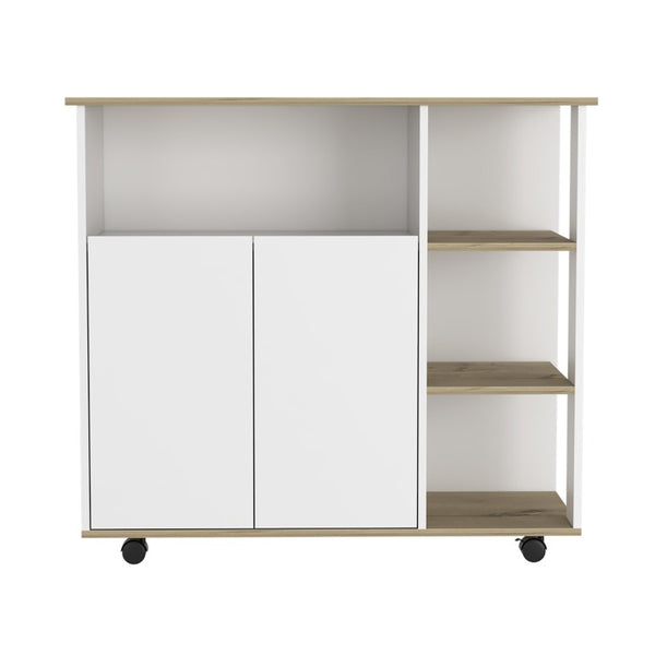 39 Inch Oak and White Rolling Kitchen Island with Drawer Cabinet and Storage Shelf