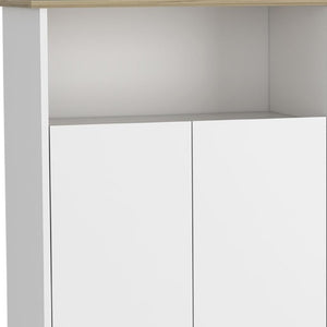 39 Inch Oak and White Rolling Kitchen Island with Drawer Cabinet and Storage Shelf