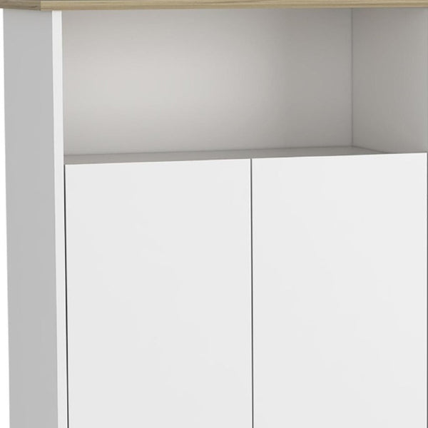 39 Inch Oak and White Rolling Kitchen Island with Drawer Cabinet and Storage Shelf