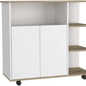 39 Inch Oak and White Rolling Kitchen Island with Drawer Cabinet and Storage Shelf