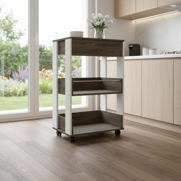 23 Inch Rolling Kitchen Cart with Drawer Shelves Two-tone Wood Butcher Block Top
