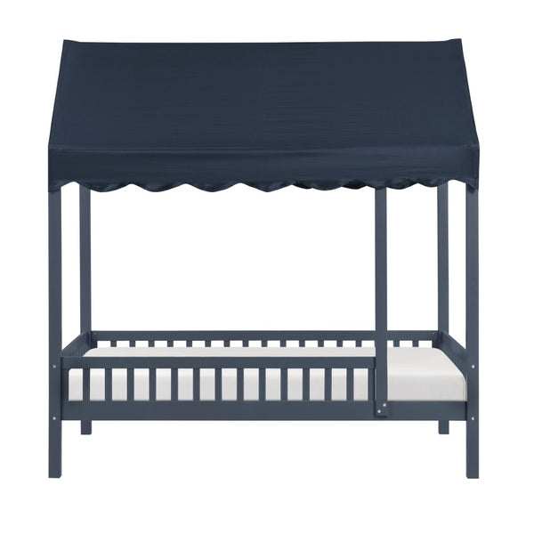 English Elm Navy Solid Wood Twin Canopy Bed Scalloped Fabric Cover Cottage Style Kids Bedroom B011P462897