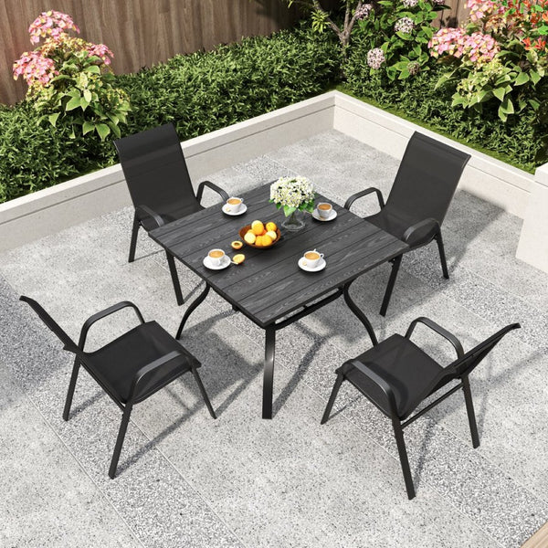 English Elm 5-piece Outdoor Dining Set Wood Grain Table Stackable Chairs Uv Resistant Patio Antique Black W3979S00038