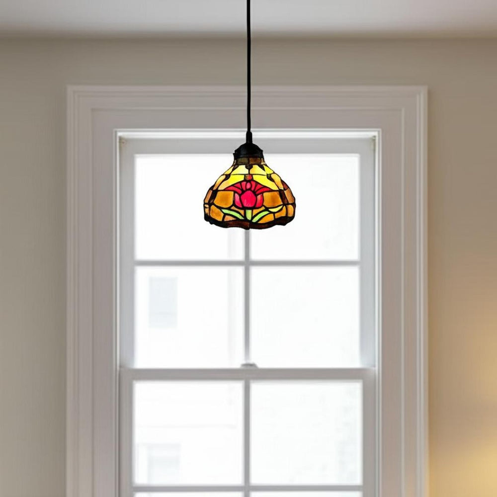 HomeRoots Red Tiffany Glass Dimmable Chandelier – Unique Handcrafted Red & White Shades for Stylish Ambiance 478300