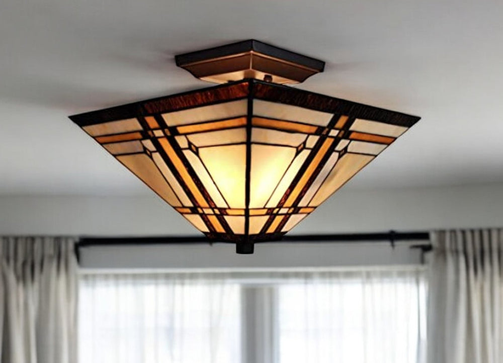 Homeroots Brown And Amber Tiffany Style Mission Semi Flush Dimmable Ceiling Light   478303