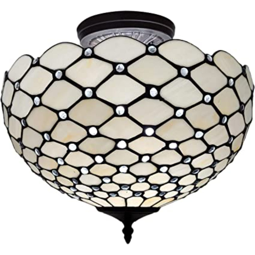 Homeroots Black And White Tiffany Style Two Light Semi Flush Ceiling Lamp   478304