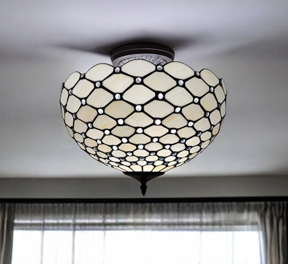 Homeroots Black And White Tiffany Style Two Light Semi Flush Ceiling Lamp   478304