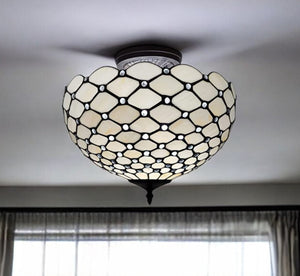 Homeroots Black And White Tiffany Style Two Light Semi Flush Ceiling Lamp   478304
