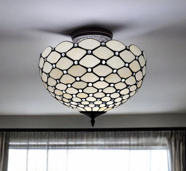 Homeroots Black And White Tiffany Style Two Light Semi Flush Ceiling Lamp   478304