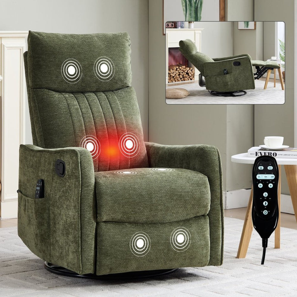 English Elm Beige Fabric Swivel Rocker Recliner with Massage Nodes and Lumbar Heat for Living Room Antique Green W1803P363423