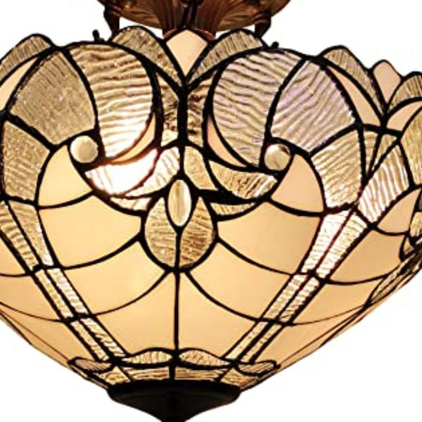 Homeroots Yellow And Brown Two Light Tiffany Style Semi Flush Dimmable Ceiling Light   478313