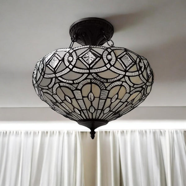 Homeroots Black And Gray Tiffany Style Two Light Glass Dimmable Semi Flush Ceiling Light   478316