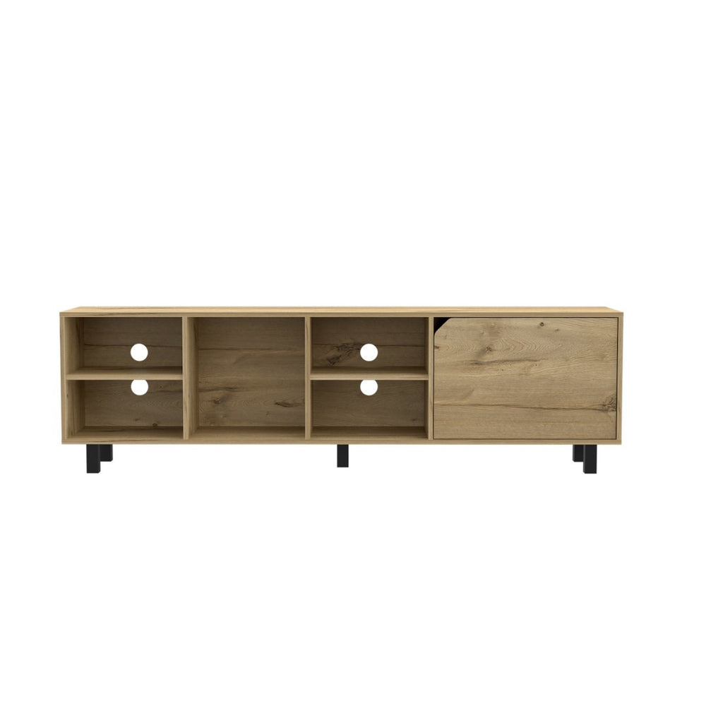HomeRoots 71" Natural Wood TV Stand with Enclosed Cabinets & Open Shelves - Rustic Modern Storage Solution 478334