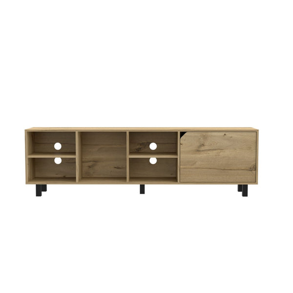 HomeRoots 71" Natural Wood TV Stand with Enclosed Cabinets & Open Shelves - Rustic Modern Storage Solution 478334