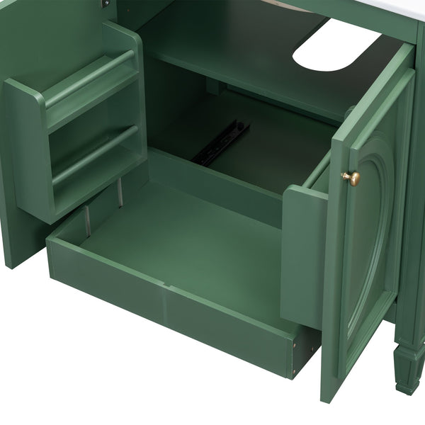 English Elm Christopher Knight Home® - 30" Bathroom Vanity with Sink Vintage Freestanding Ceramic Top Soft-Close Doors Gold Knobs, Storage Green N759P226000F