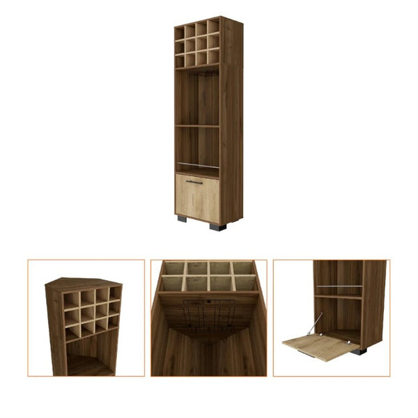 24 Inch Corner Bar Cabinet in Mahogany Wood with Beige Finish and Hinged Storage Door