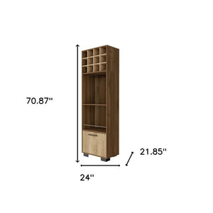24 Inch Corner Bar Cabinet in Mahogany Wood with Beige Finish and Hinged Storage Door