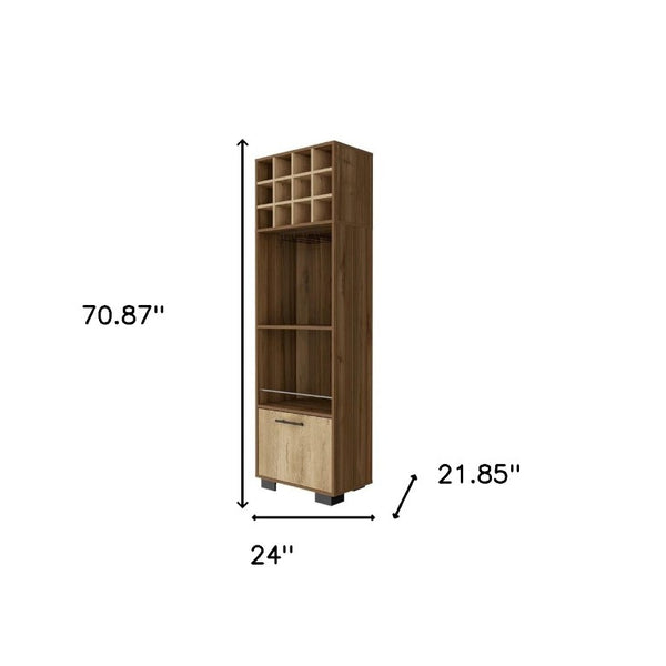 24 Inch Corner Bar Cabinet in Mahogany Wood with Beige Finish and Hinged Storage Door