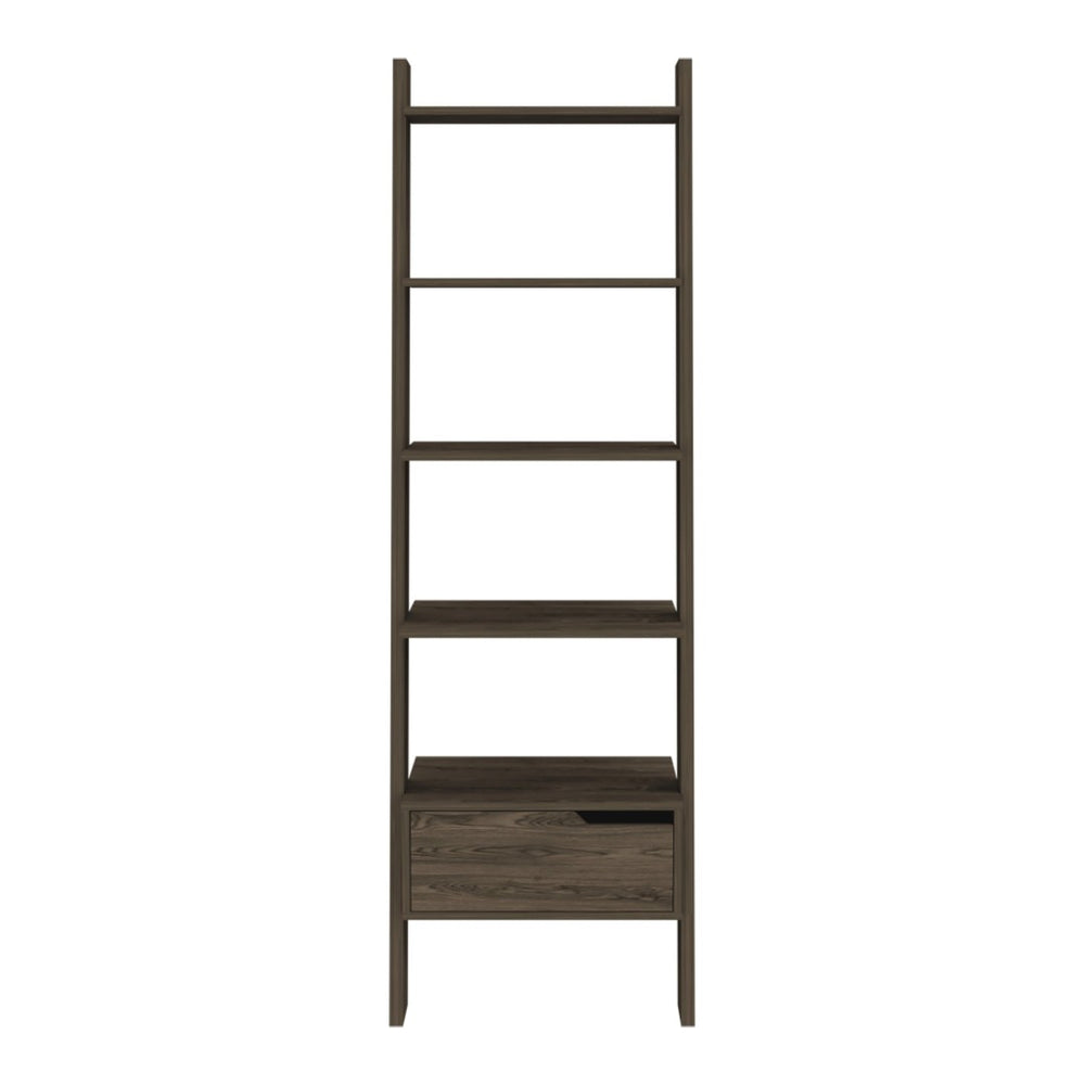 HomeRoots 70" Brown Five-Tier Ladder Bookcase - Modern Storage Solution with Open-Back Design & Drawer 478393