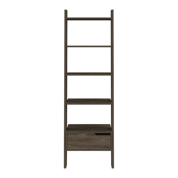 HomeRoots 70" Brown Five-Tier Ladder Bookcase - Modern Storage Solution with Open-Back Design & Drawer 478393