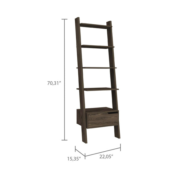 HomeRoots 70" Brown Five-Tier Ladder Bookcase - Modern Storage Solution with Open-Back Design & Drawer 478393