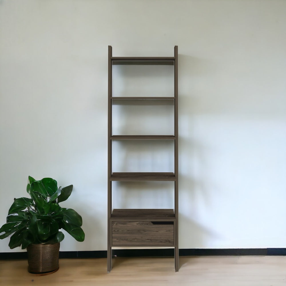 HomeRoots 70" Brown Five-Tier Ladder Bookcase - Modern Storage Solution with Open-Back Design & Drawer 478393