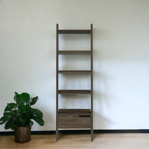 HomeRoots 70" Brown Five-Tier Ladder Bookcase - Modern Storage Solution with Open-Back Design & Drawer 478393