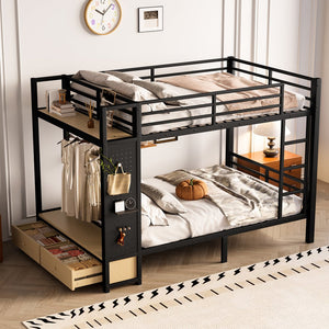 English Elm Full Metal Bunk Bed For Teens - Space-Saving Full Over Full Design With Storage Shelves & Drawers, Black W1580S00234
