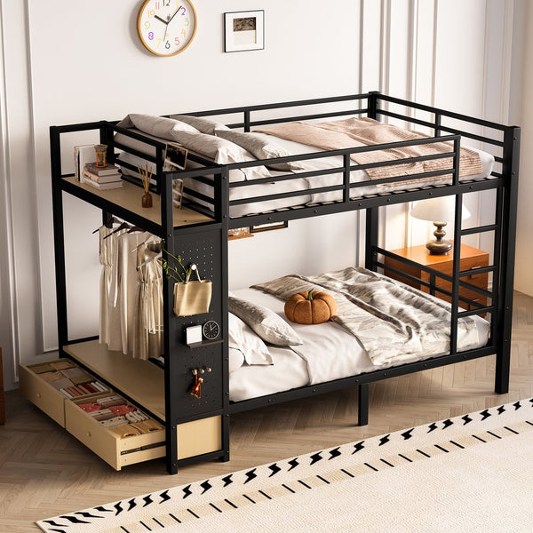English Elm Full Metal Bunk Bed For Teens - Space-Saving Full Over Full Design With Storage Shelves & Drawers, Black W1580S00234