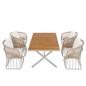 English Elm Outdoor Teak and Wicker Patio Dining Set Seats Four with Cushioned Armchairs N770PS526B27B