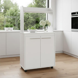 25 Inch White Wooden Rolling Kitchen Island Cart with Shelving and Utility Storage