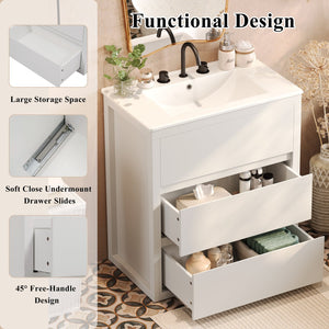 English Elm Christopher Knight Home® - 30" Bathroom Vanity with Ceramic Sink, 2 Soft-Close Full-Extension Drawers, Handle-Free 45° Design, Durable MDF White N817P280549W
