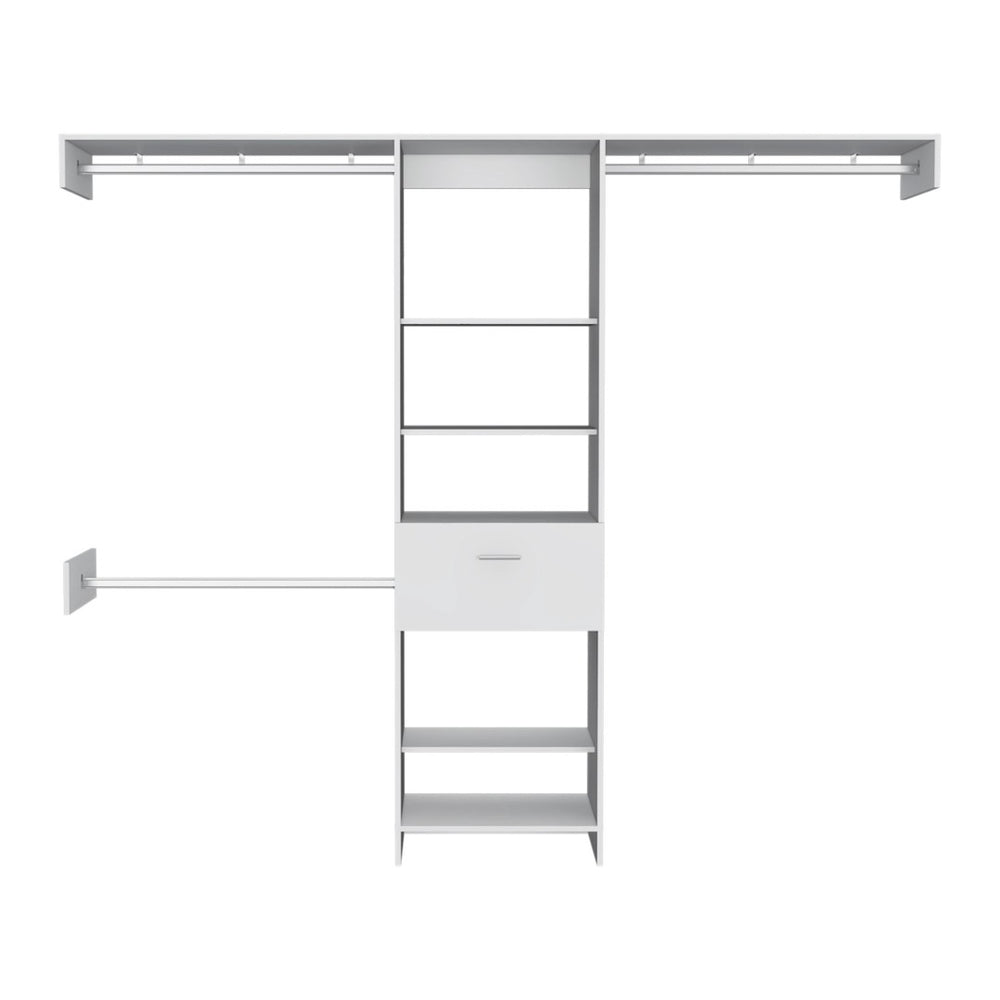 HomeRoots 98" White Manufactured Wood Cabinet with 5 Shelves, 1 Drawer & 3 Hanging Rods for Stylish Storage 478425